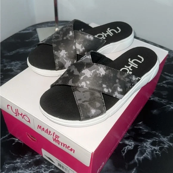 Ryka Women’s Malin Flat Slip On Slide Sandals Size 6 Black Multi -AUTHENTIC NEW - Picture 3 of 10